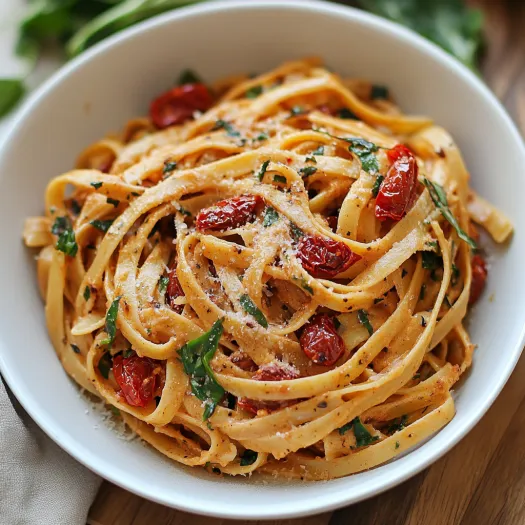 A bowl of pasta with tomatoes and basil.