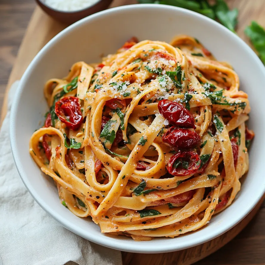 A bowl of pasta with tomatoes and basil.