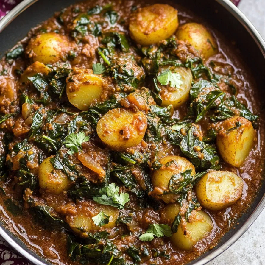 A bowl of food with greens and potatoes.
