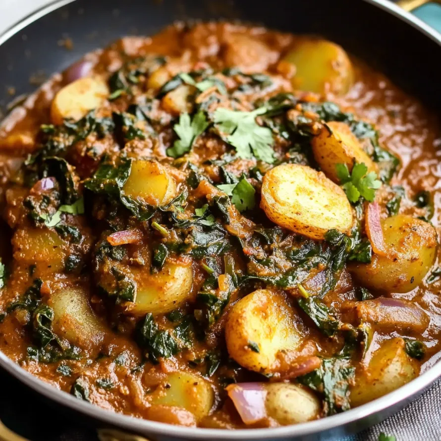 A bowl of stew with greens and potatoes.
