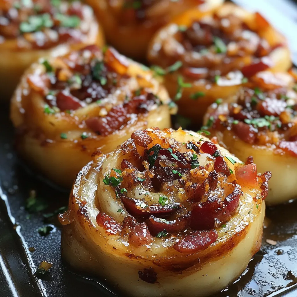 Bacon wrapped appetizers on a tray.