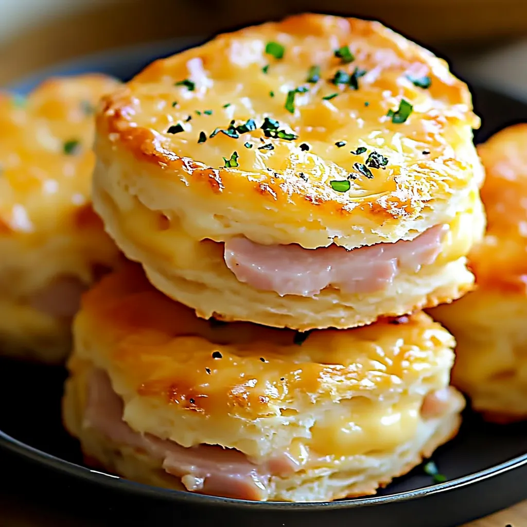 A stack of three cheese and ham biscuits.