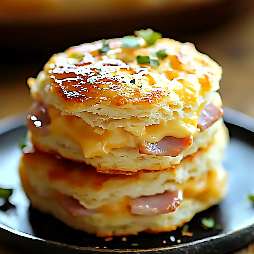 Three stacked biscuits with cheese and bacon.