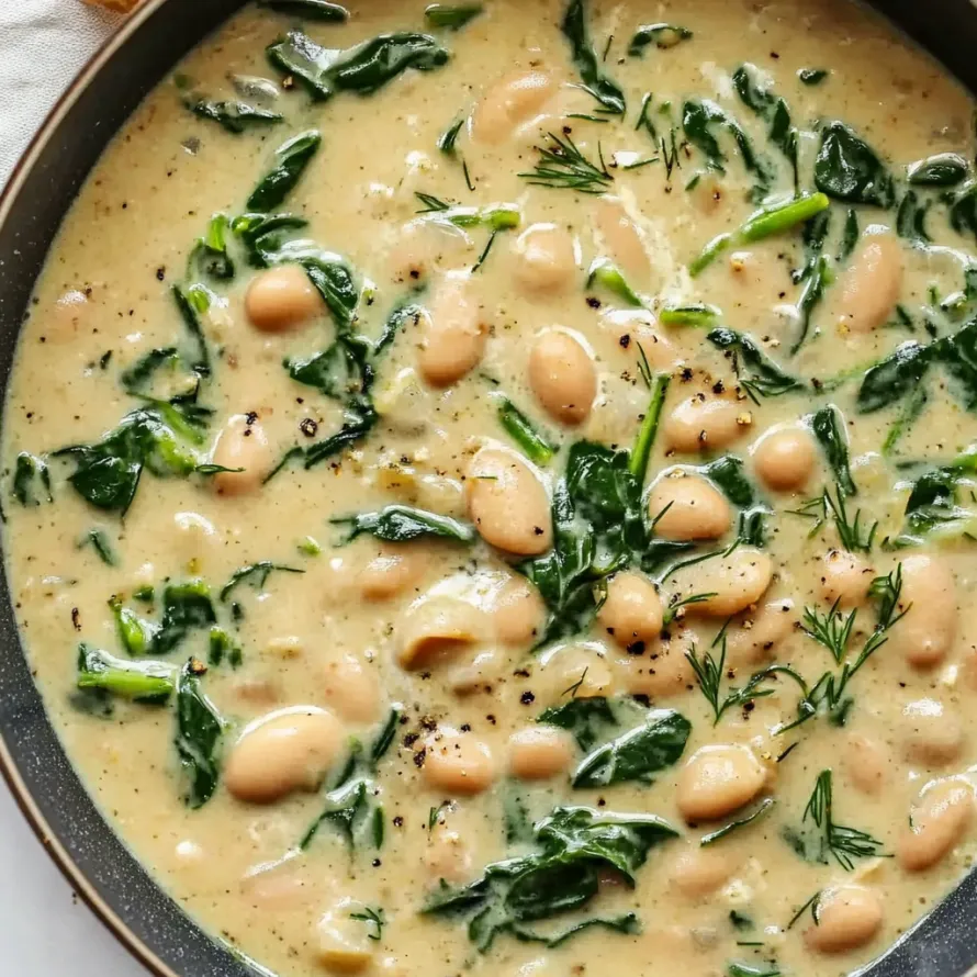 A bowl of soup with green vegetables.