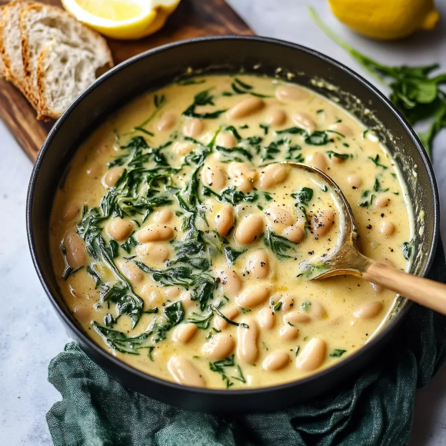A bowl of soup with a spoon in it.