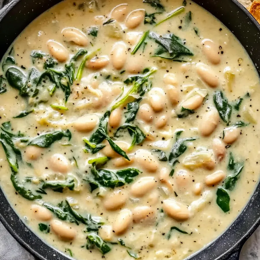 A bowl of soup with green beans and spinach.