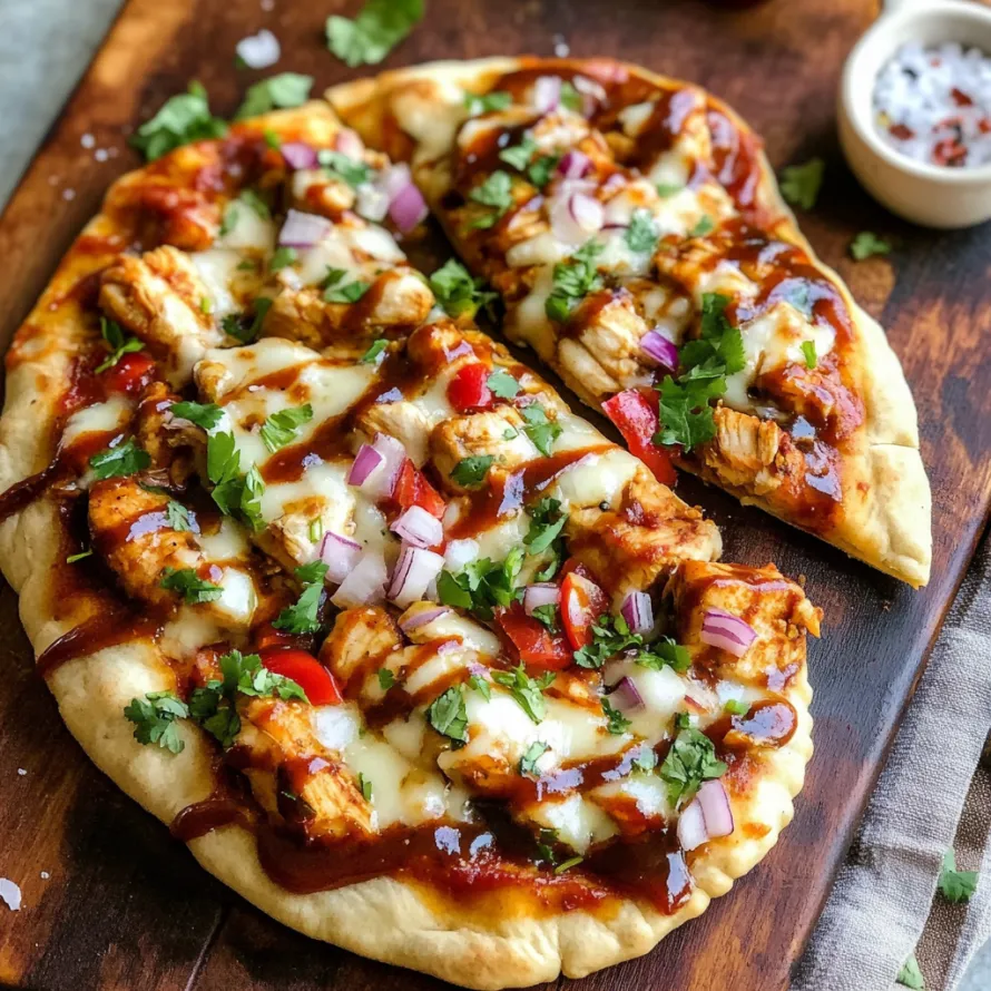 A pizza with chicken and peppers on it.