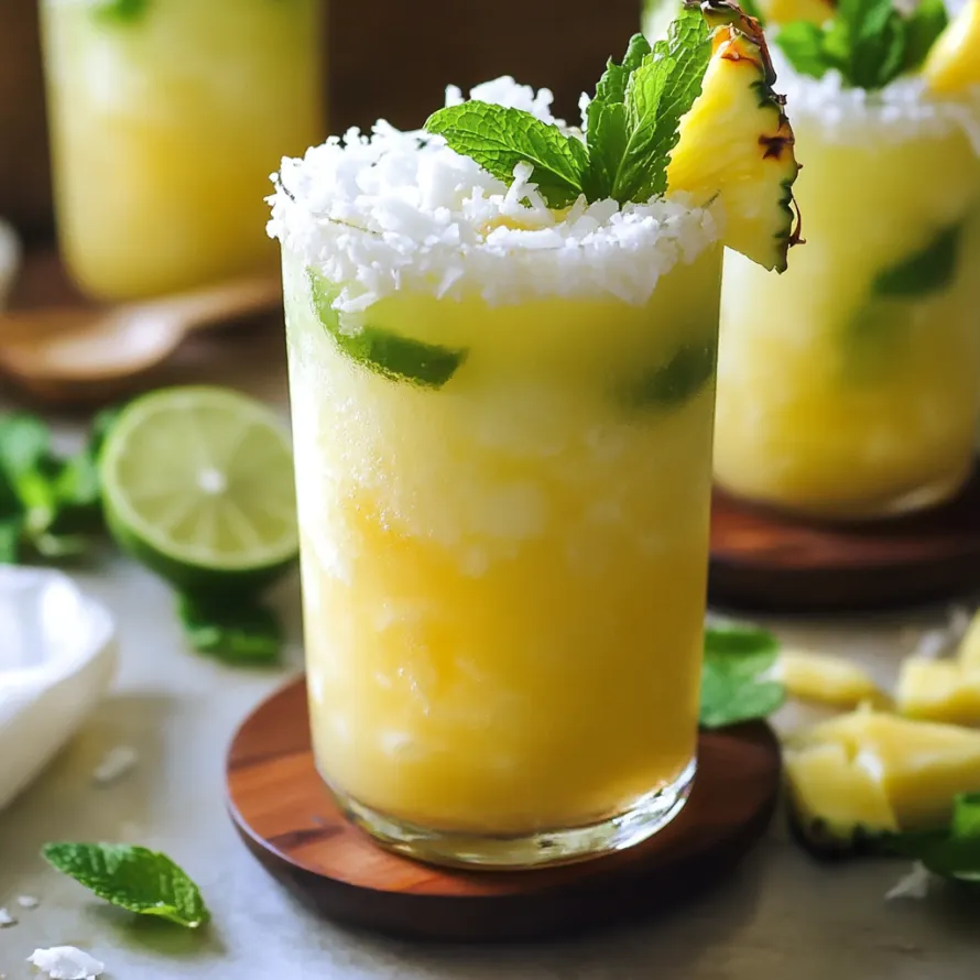 A glass of pineapple juice with coconut on top.