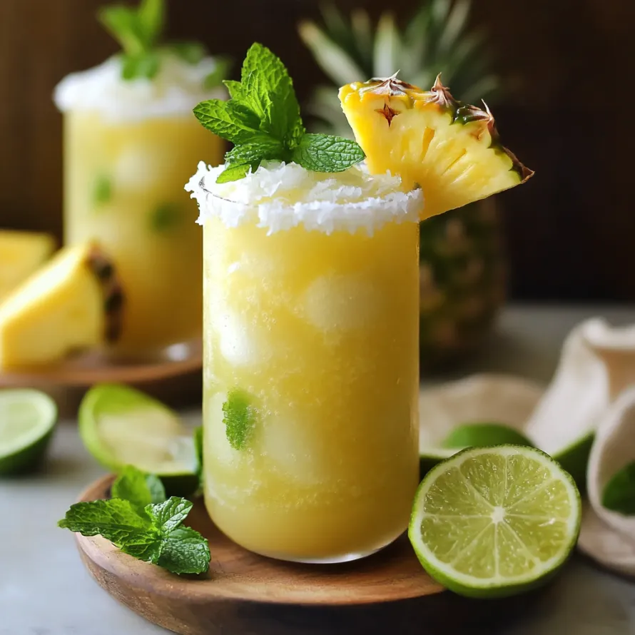A glass of pineapple juice with a pineapple wedge on top.