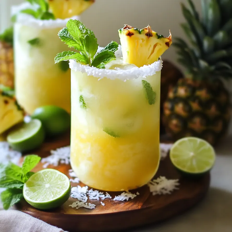 Two glasses of pineapple cocktails with limes and mint.