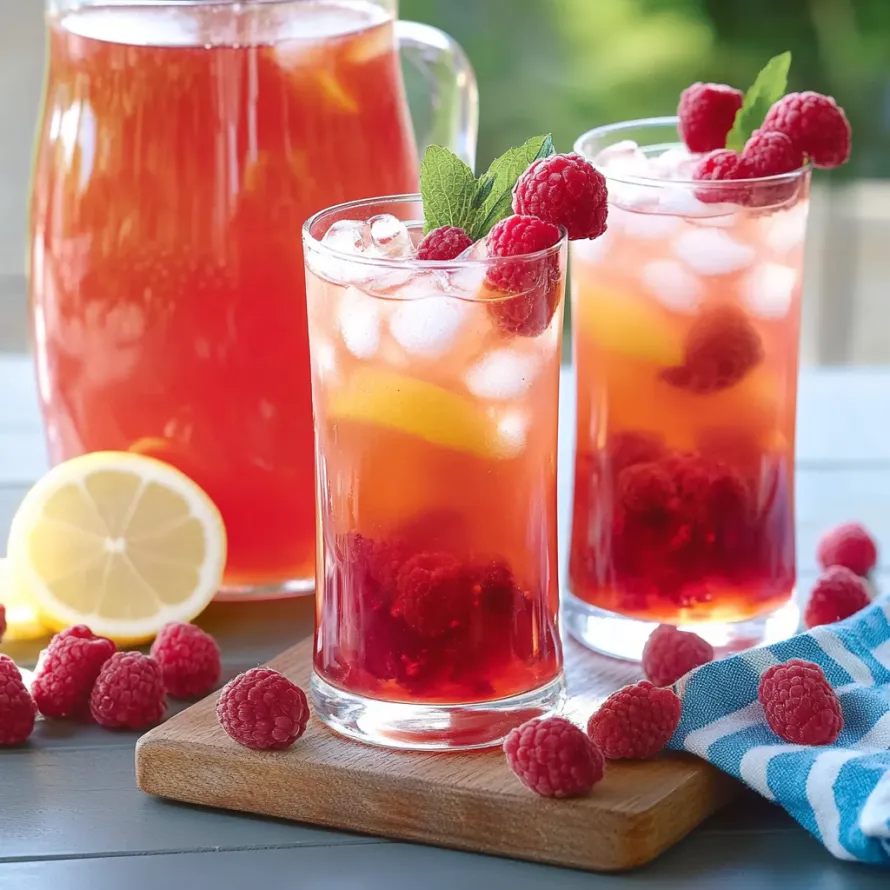 Two glasses of red raspberry tea with lemon slices.