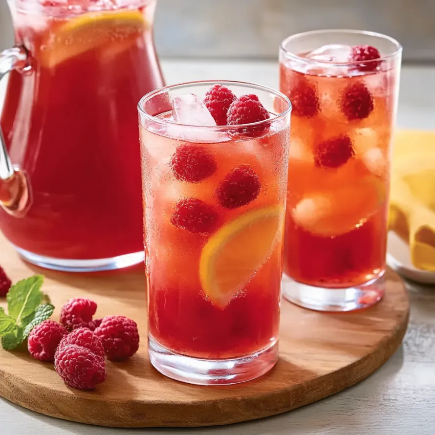 Two glasses of red raspberry lemonade on a wooden tray.