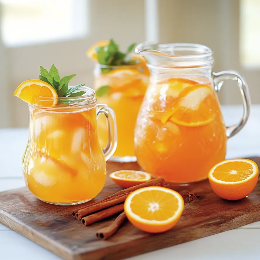 Two glasses of orange juice with a slice of orange in each.