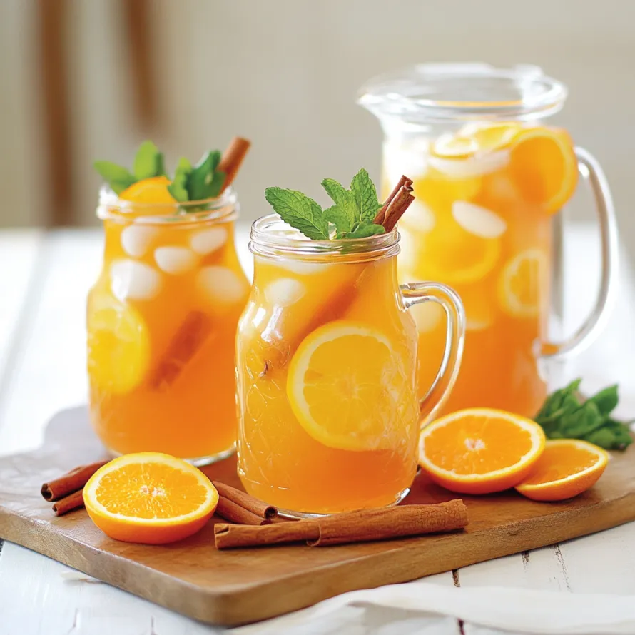 Three glasses of orange juice with cinnamon sticks in them.