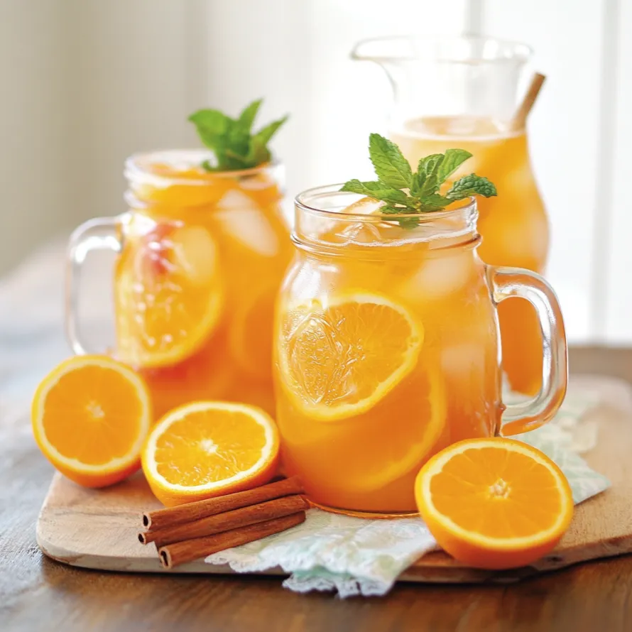 Two glasses of orange juice with slices of orange in them.