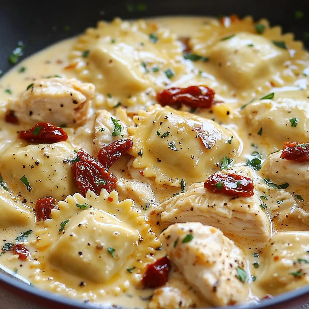 A bowl of pasta with chicken and tomatoes.