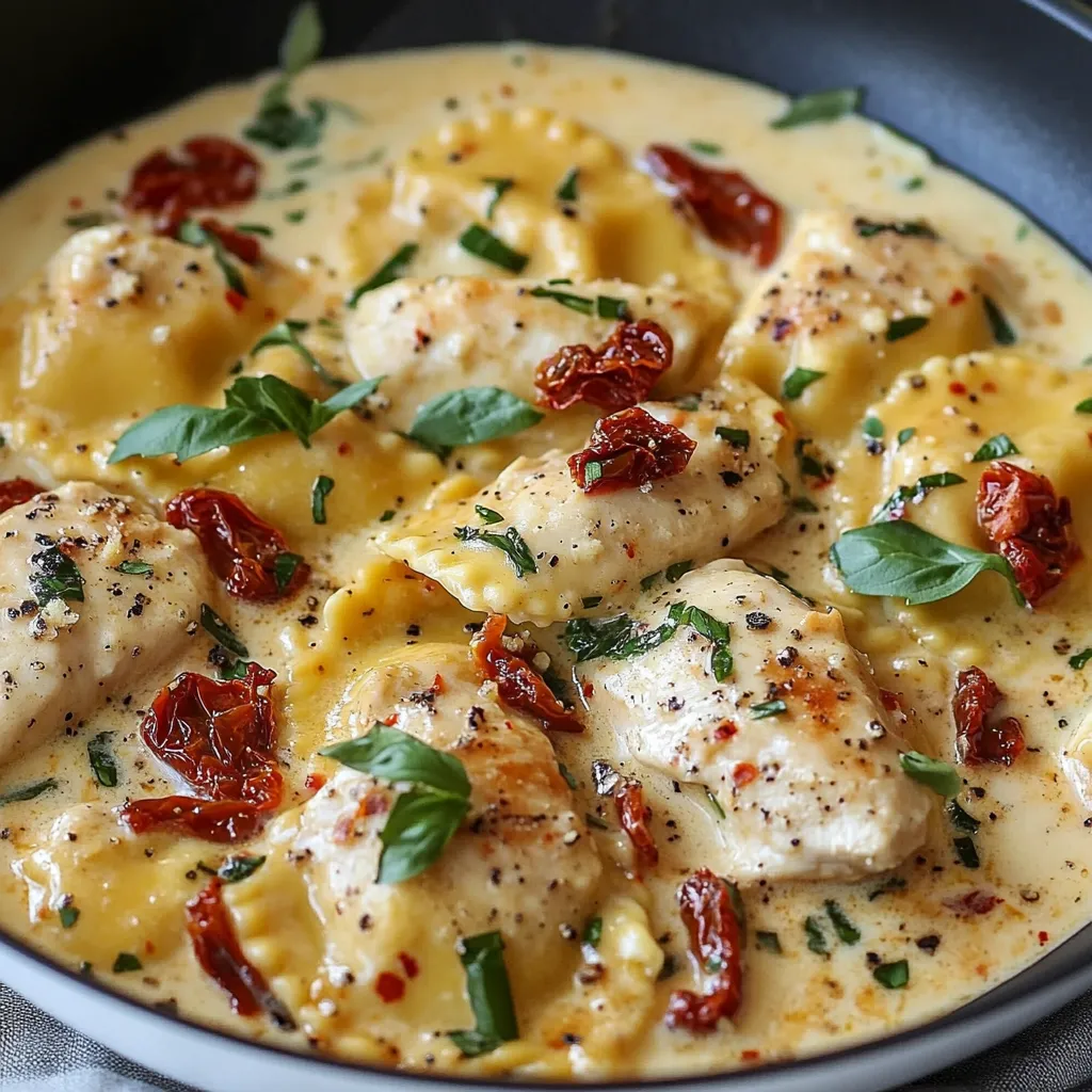 A bowl of food with chicken and tomatoes.