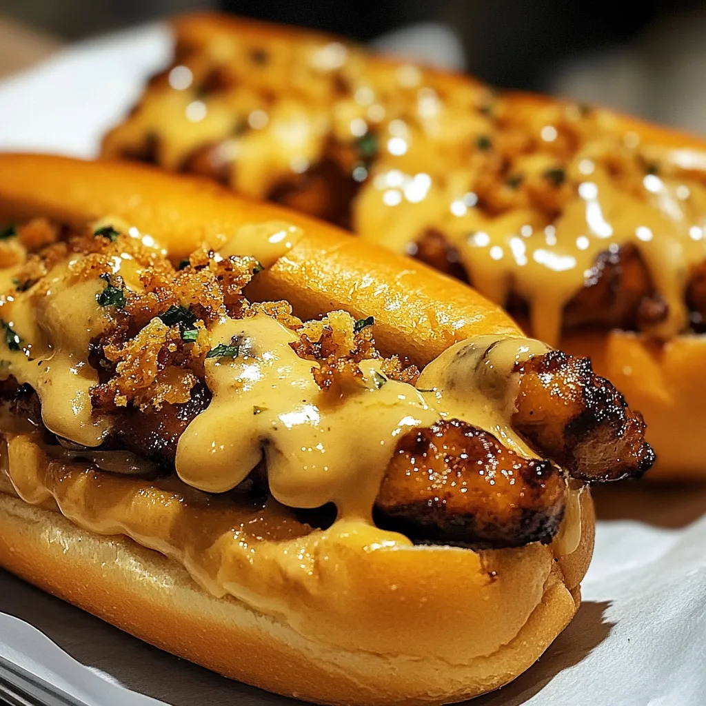 Two hot dogs with cheese and mustard.