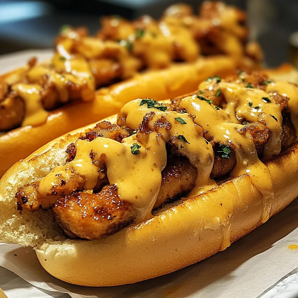 A hot dog with chicken and cheese on it.