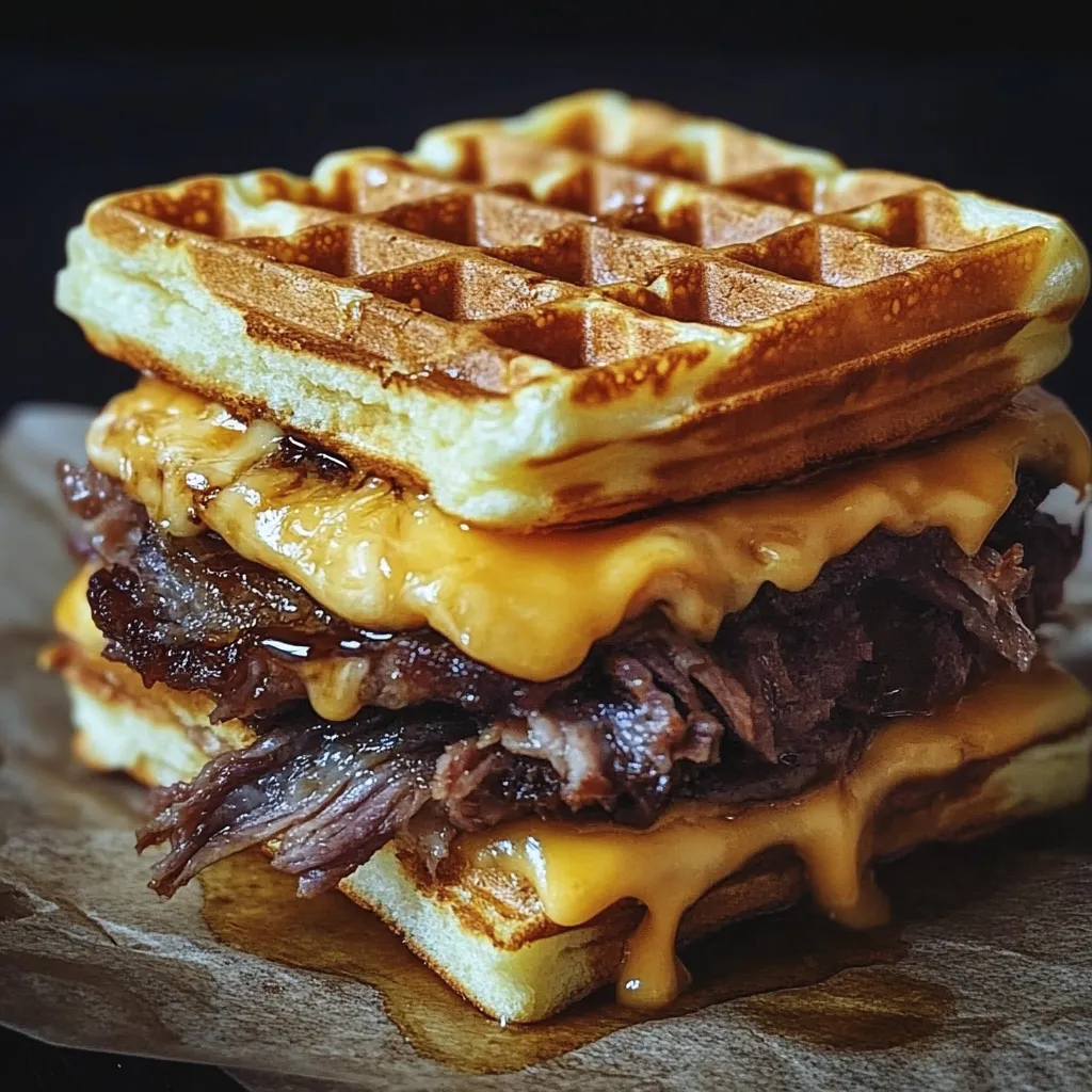 A stack of waffles with meat and cheese.