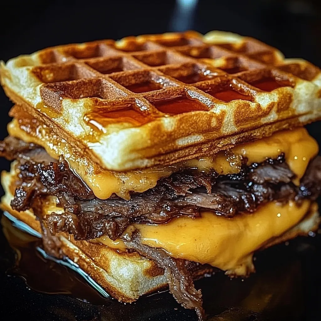 A close up of a waffle sandwich with meat and cheese.