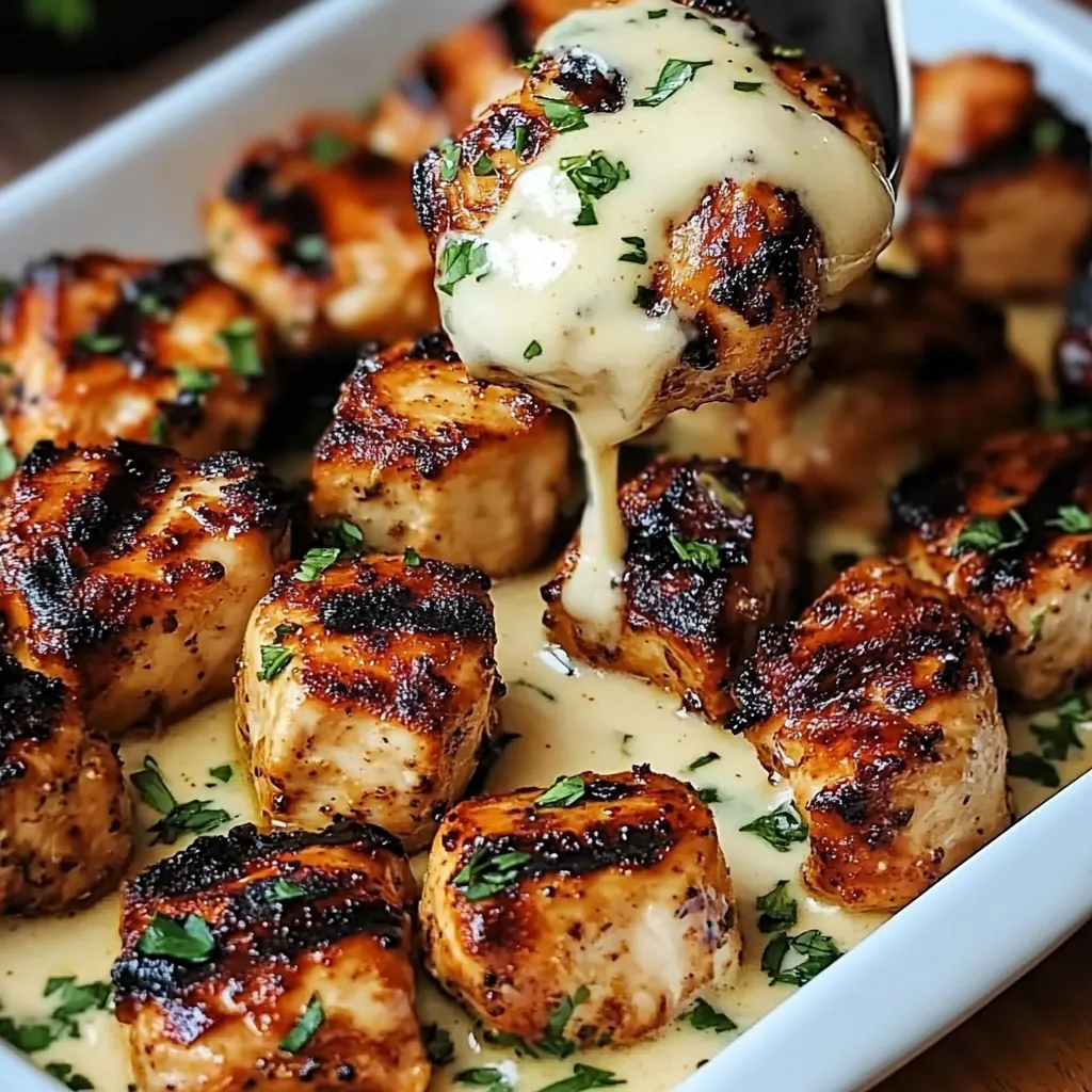 A white bowl with chicken and sauce.