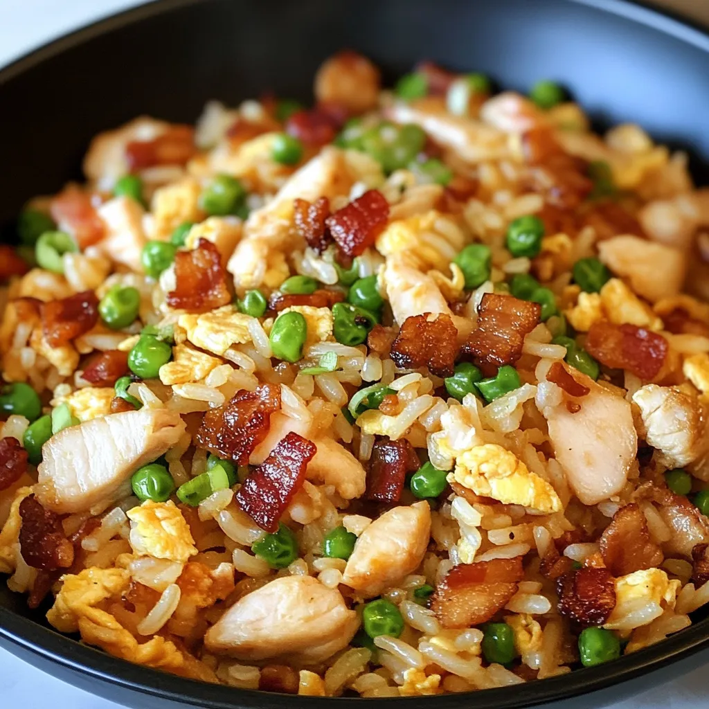 A bowl of rice with chicken and peas.