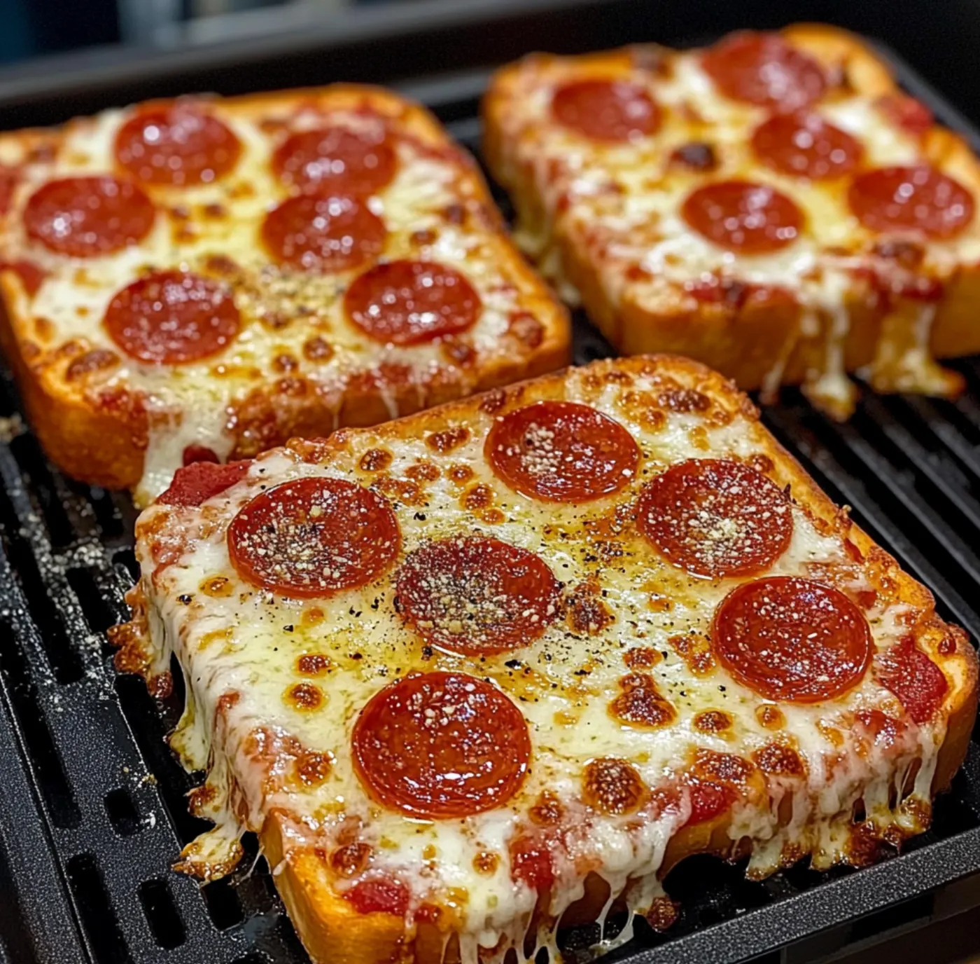 Two pepperoni pizza squares on a grill.