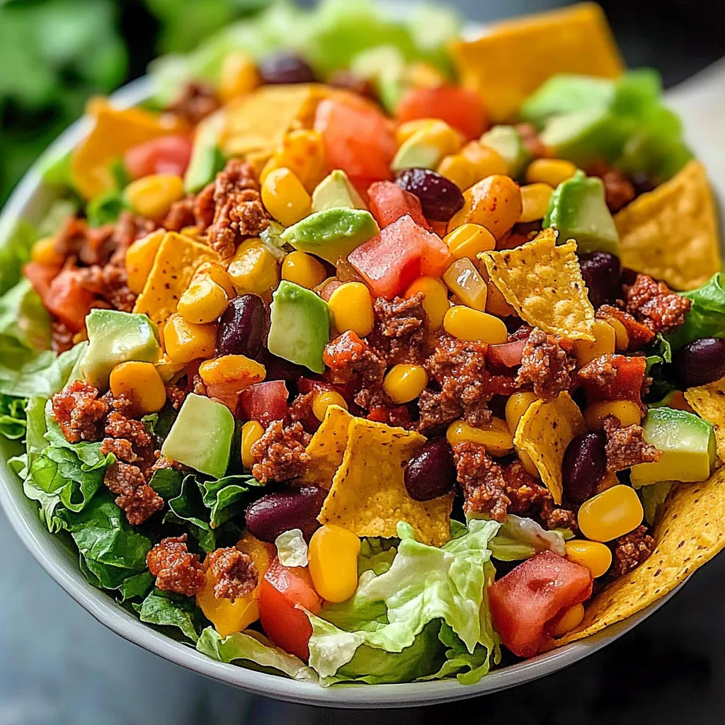 A bowl of salad with beans, corn, tomatoes, lettuce, and chips.
