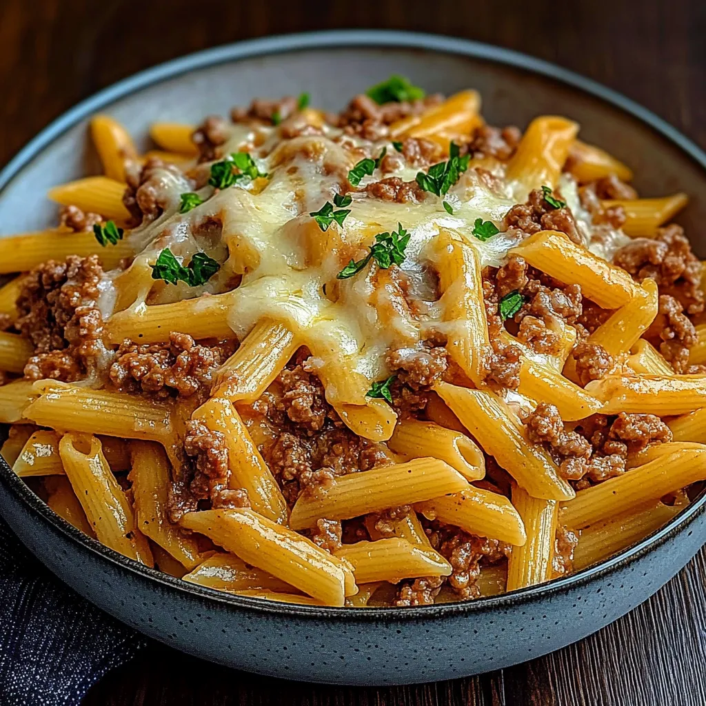 A bowl of pasta with meat and cheese.
