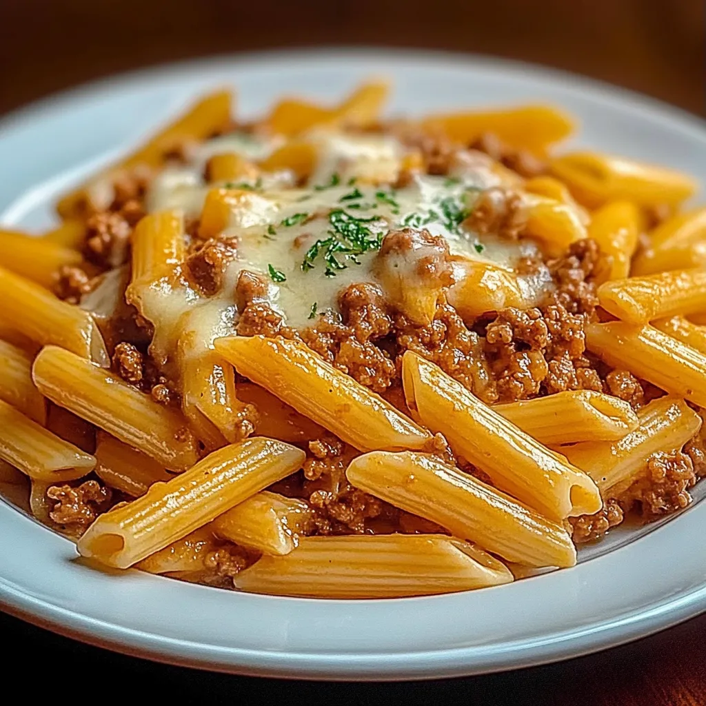 A plate of pasta with meat and cheese.