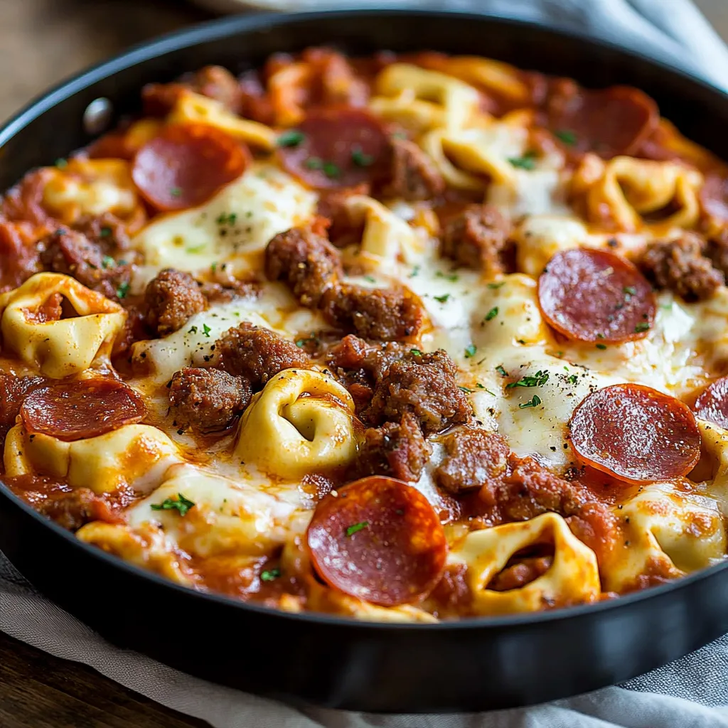 A pan of food with pepperoni and pasta.