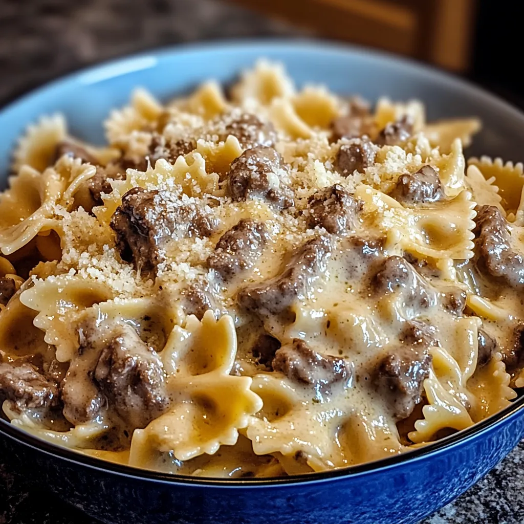 Creamy Parmesan Garlic Beef Bowtie Pasta