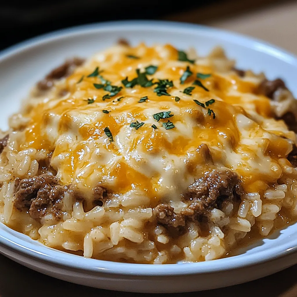 Garlic Butter Beef and Rice Skillet with Cheddar Parmesan Sauce