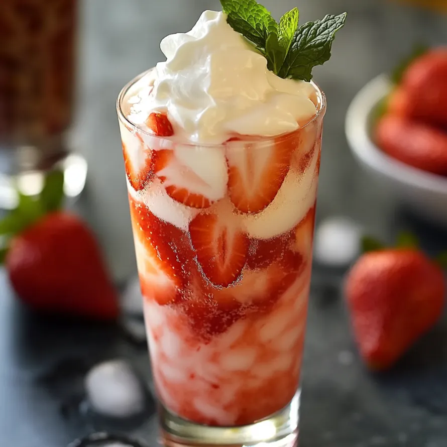 A glass of strawberry milk with whipped cream.