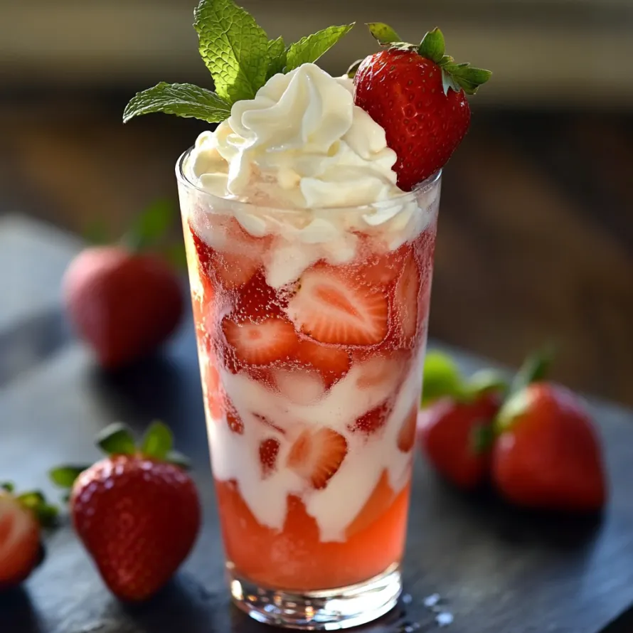 A glass of strawberry milk with strawberries on the side.
