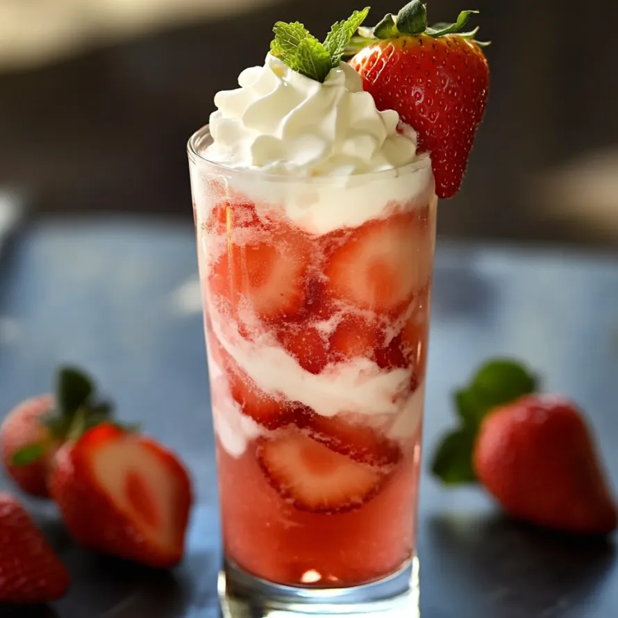 A glass of strawberry milk with a strawberry on top.