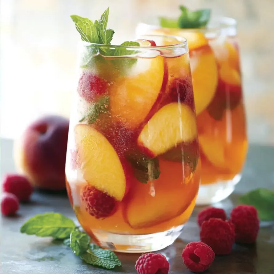 Two glasses of peach tea with mint leaves.