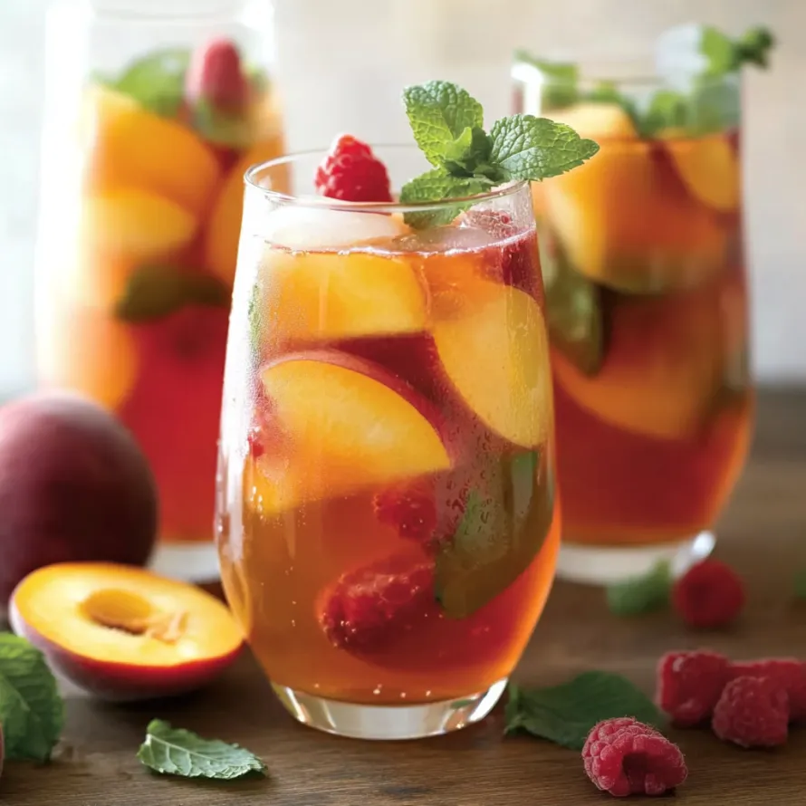 A glass of fruit juice with a strawberry in it.