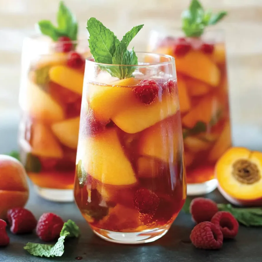 A glass of fruit juice with a mint garnish.
