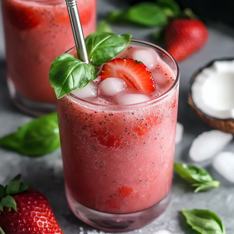 A glass of strawberry and mint drink.