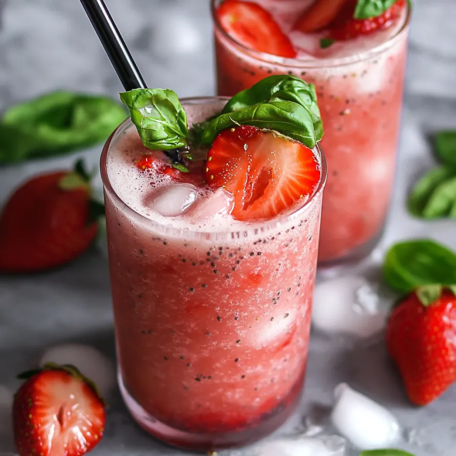 Two glasses of strawberry and mint drinks.