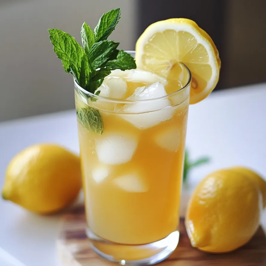 A glass of lemonade with lemon slices on a table.