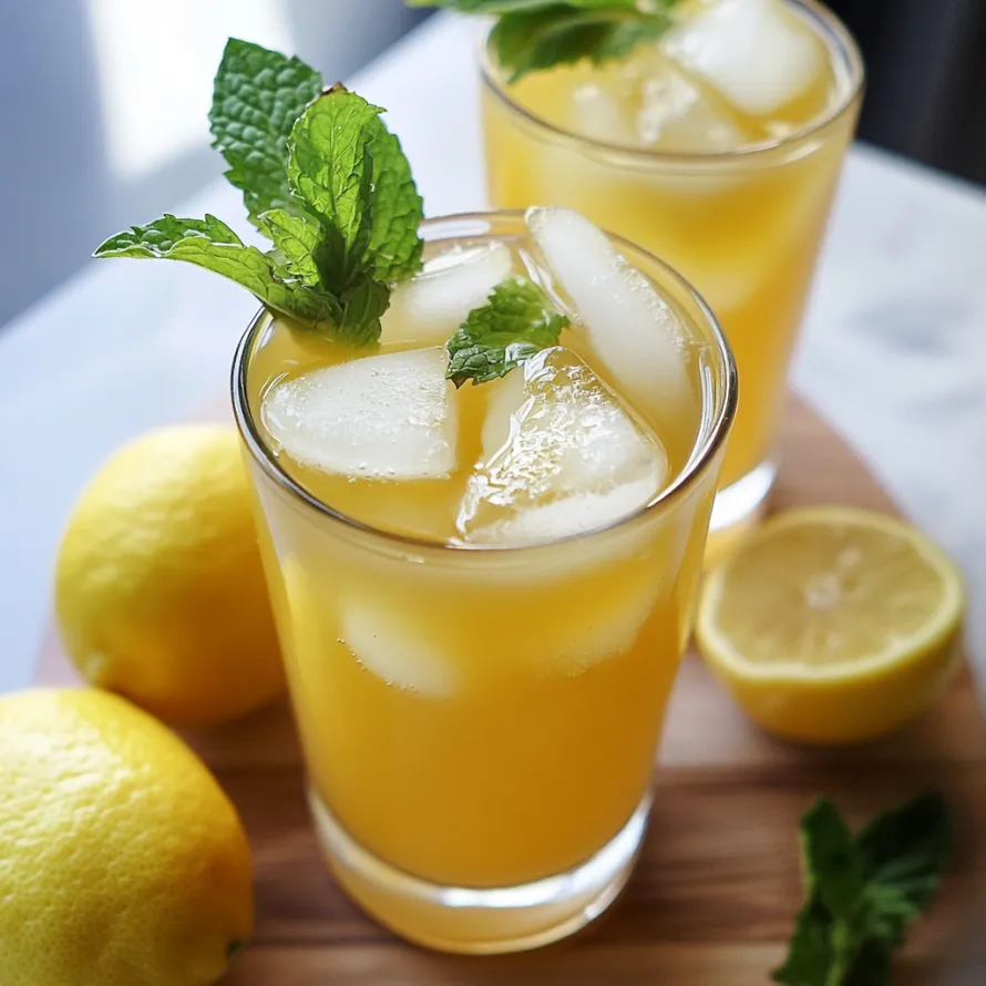 Two glasses of lemonade with lemon slices in them.