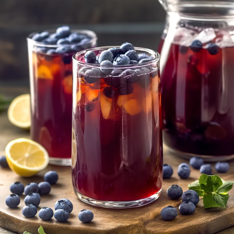 Two glasses of blueberry juice with blueberries on top.