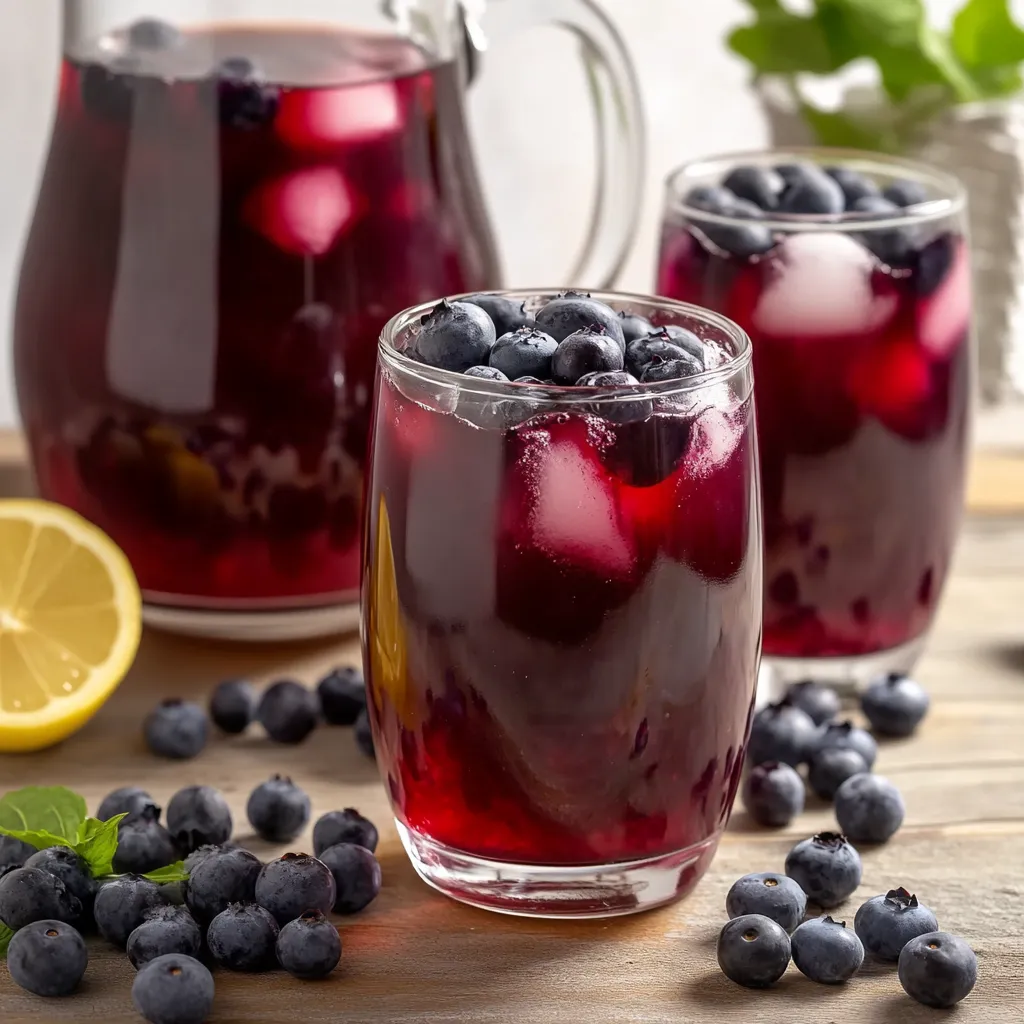 Two glasses of blueberry juice with blueberries on the table.