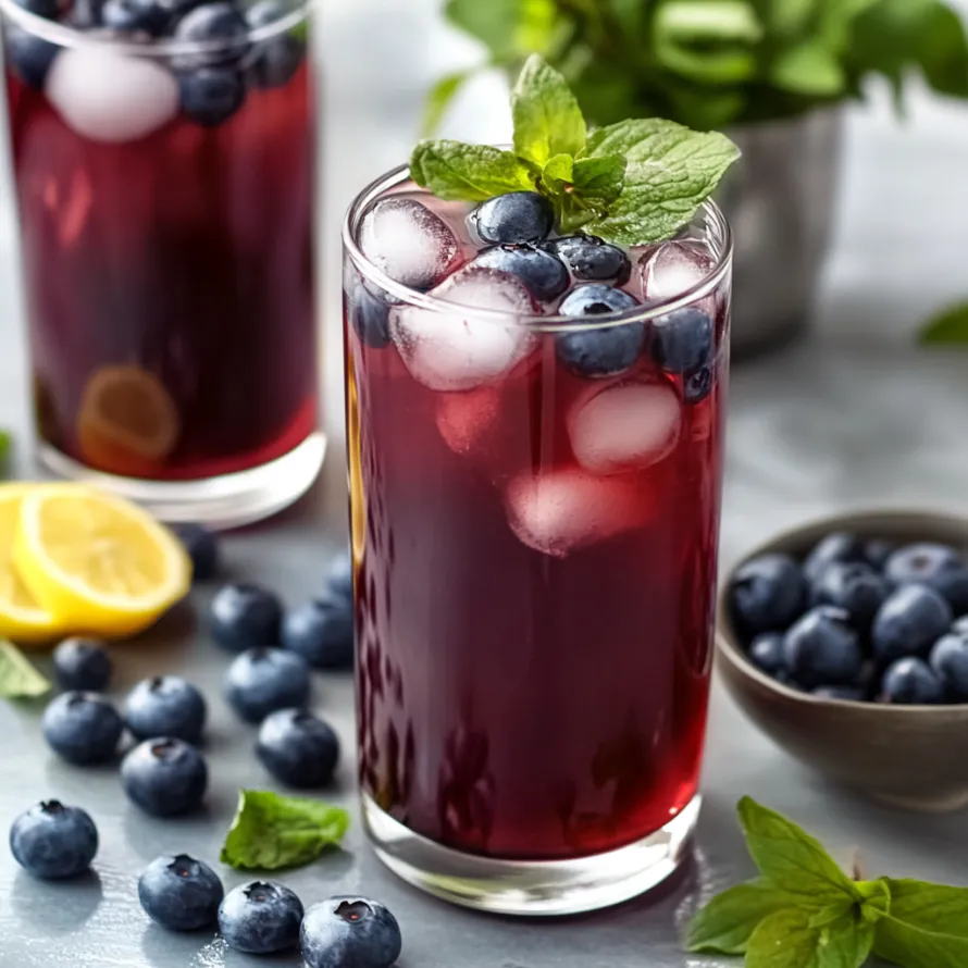Two glasses of blueberry juice with ice and mint.