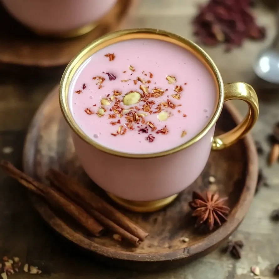 A cup of pink drink with cinnamon on top.