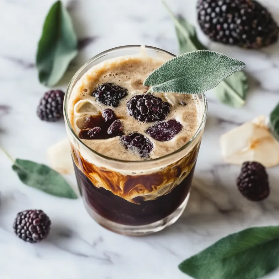 A glass of coffee with blackberries in it.