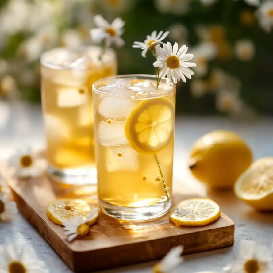 Two glasses of lemonade with lemon slices in them.
